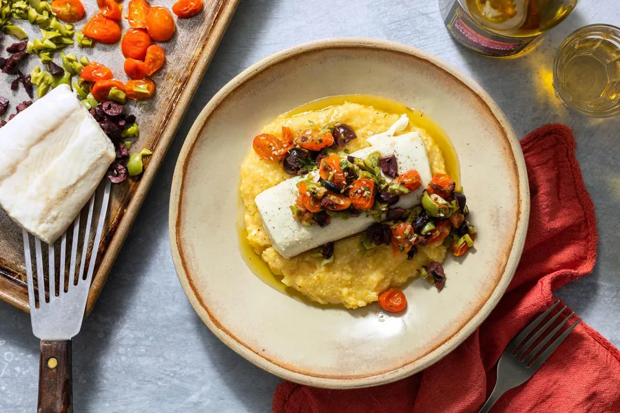 Roasted halibut and tomato-olive tapenade over lemony polenta