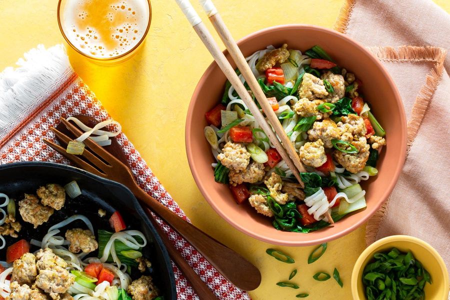 Burmese Shan noodles with tomatoes, scallions, and baby bok choy