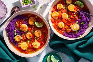 Brazilian moqueca with wild sea scallops over sweet potato mash