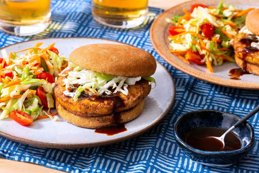 Tofu burgers with tonkatsu sauce and citrus-miso cabbage salad