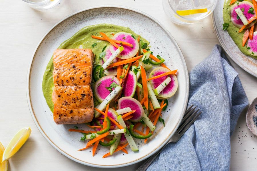 Salmon with green romesco and apple–poppy seed salad