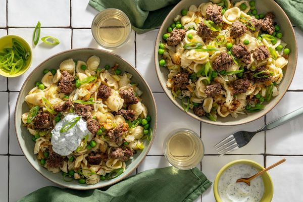 Lamb orecchiette with cabbage, peas, and lemon-dill yogurt
