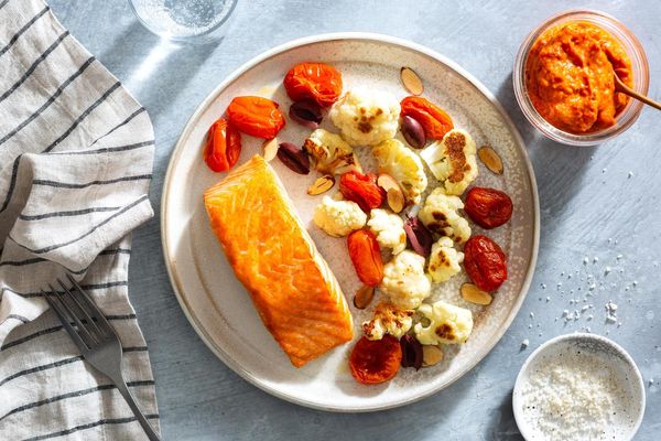 Seared steaks with roasted red pepper ajvar and cauliflower