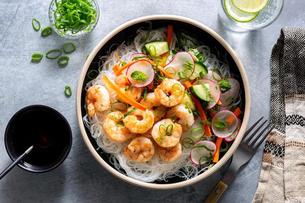 Saigon noodle bowls with braised tofu and cucumber-radish salad