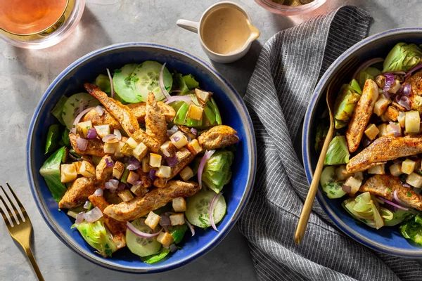 Beef shawarma salad with roasted potato and lemon-tahini dressing