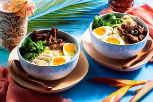 Hawaiian noodle soup with char siu pork and soft-cooked eggs