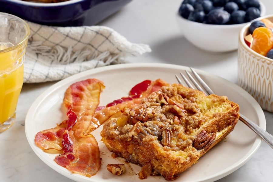 Cinnamon French Toast Casserole with Bacon & Fruit Cocktail