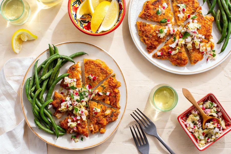 Spanish shrimp fritters with artichoke relish