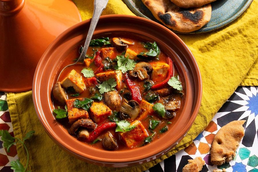 North African–style tofu tagine with kale and toasted naan