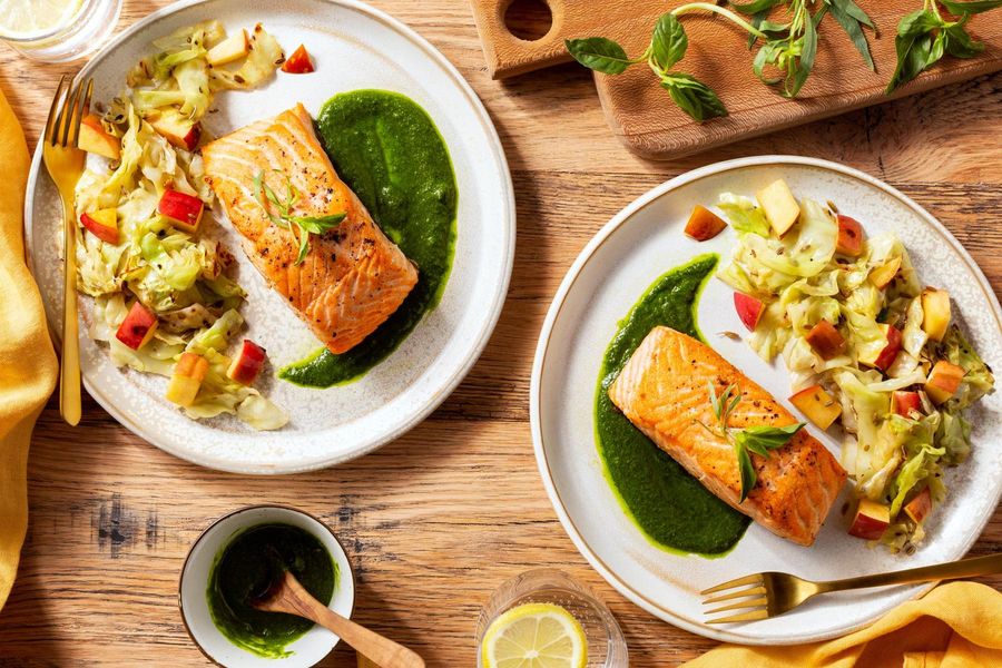 Salmon with chimichurri and warm apple-cabbage slaw
