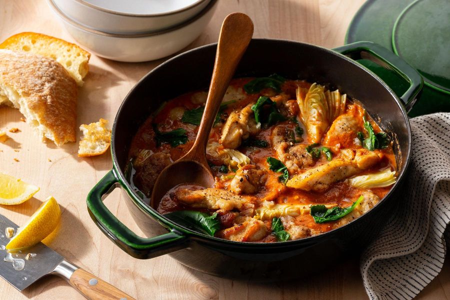 Braised chicken and artichokes with ciabatta toasts