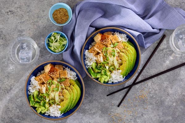 California bowls with miso-soy–glazed tofu and avocado