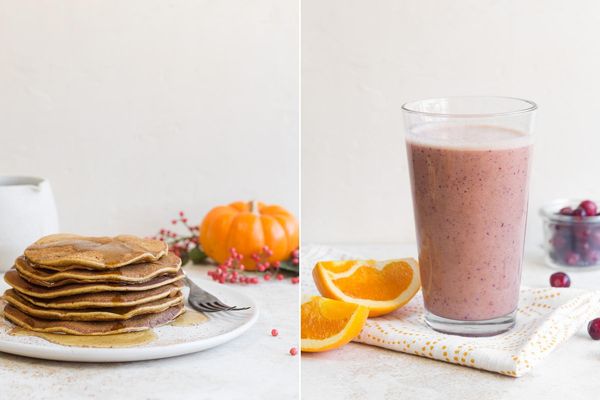 Two breakfasts: Pumpkin spice pancakes & Cranberry-orange smoothies