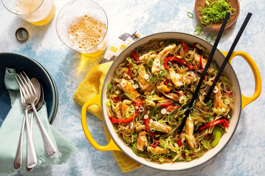 Korean chicken japchae with glass noodles and vegetables