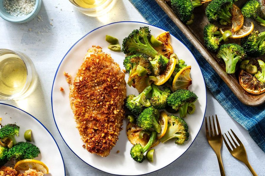 Walnut-crusted chicken diavola with lemon-roasted broccoli