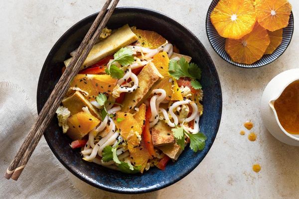 Udon noodle salad with seared tofu and miso-citrus dressing