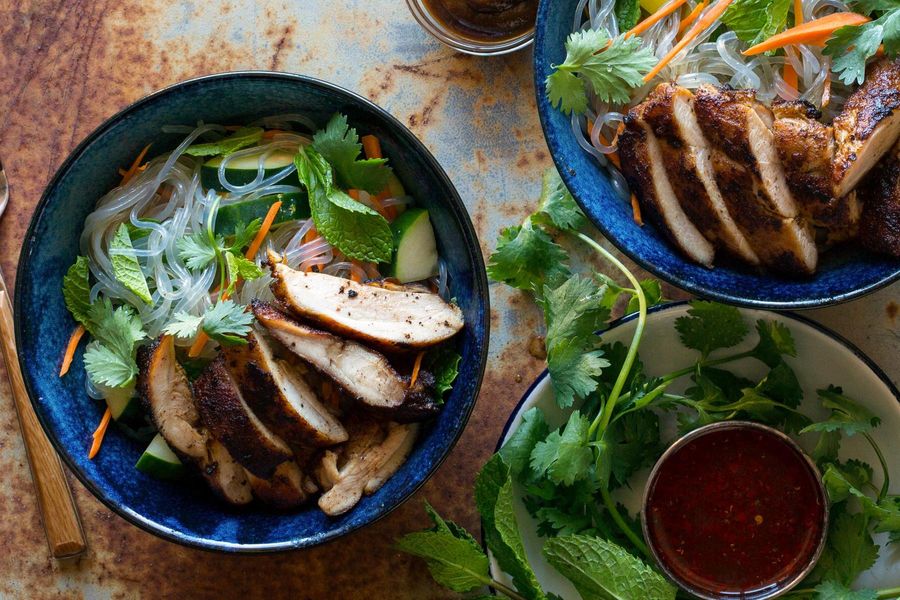 Hoisin-glazed chicken and glass noodle salad