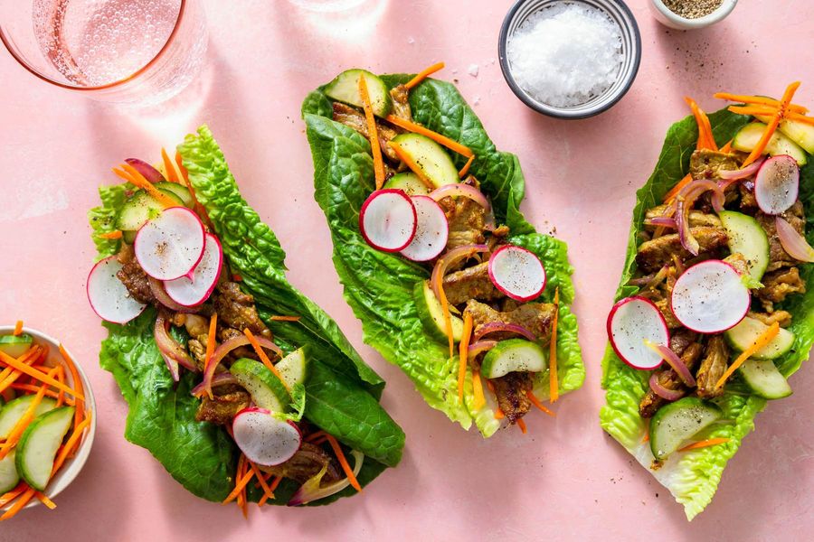 Lemongrass steak lettuce cups with pickled vegetables