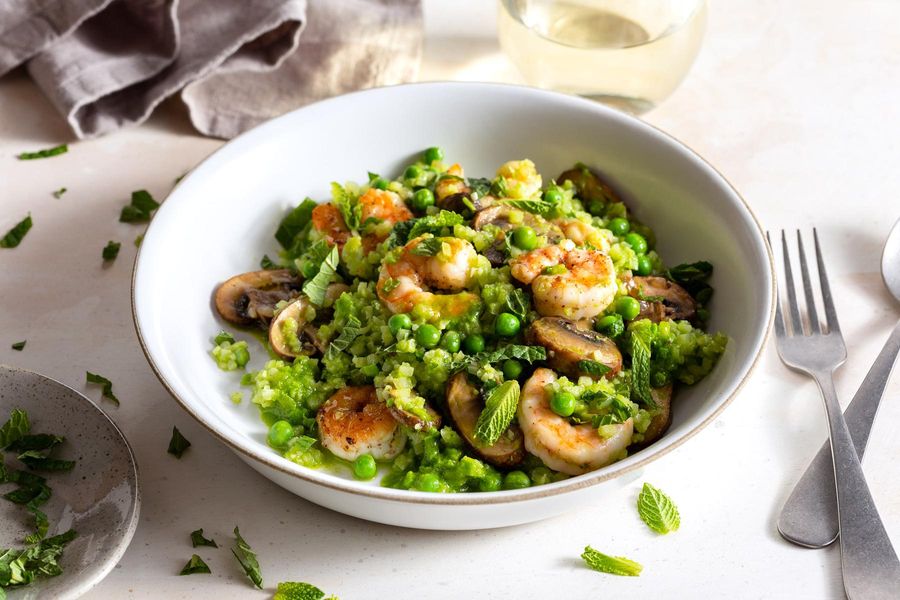 Shrimp and mushroom cauliflower "risotto" with sweet pea pistou and mint
