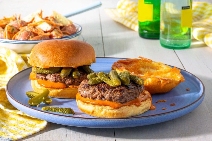 Pastrami-spiced Wagyu burgers with Thousand Island and warm potato salad