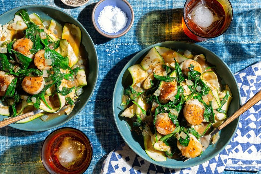 Stroganoff and spinach over zucchini “noodles”