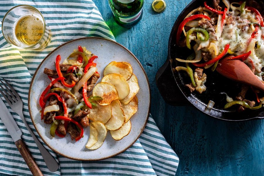 Philly cheesesteak skillet with pan-fried potato chips