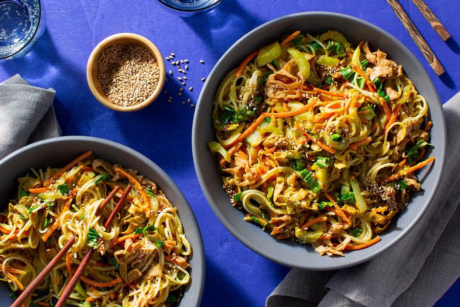 Thai panang curry with spicy yuba, bok choy, and rice noodles