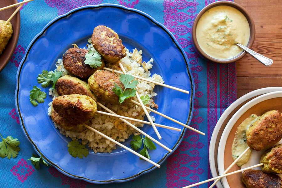 Masala turkey kebabs with cauliflower “rice” and cashew chutney