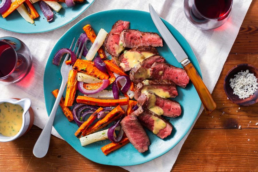 Black Angus steaks with tarragon béarnaise and roasted root vegetables
