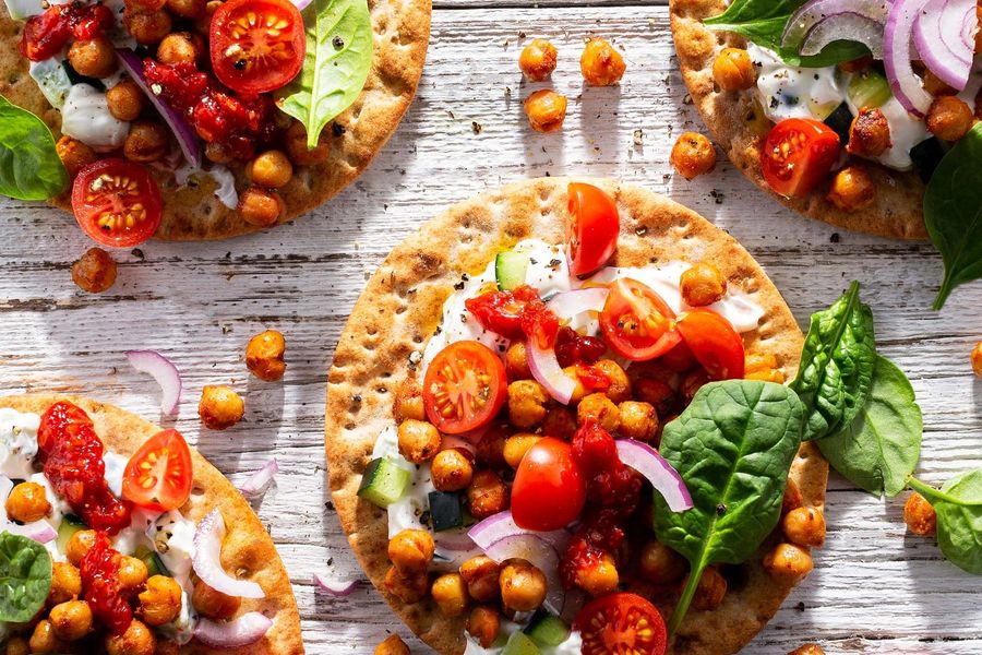 Greek-style chickpea gyros with spinach and tzatziki