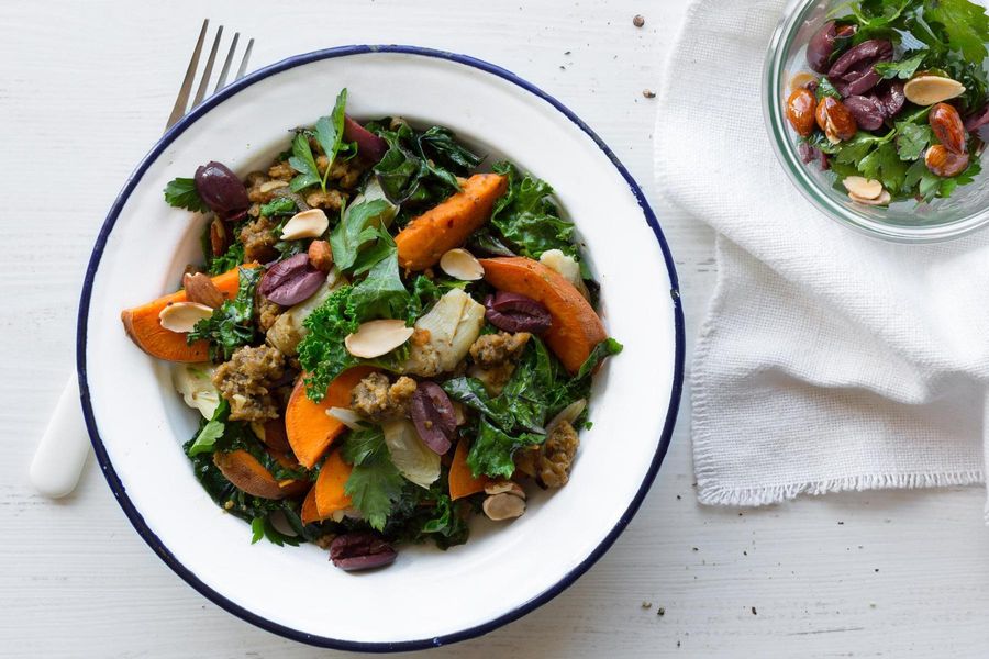 Vegetarian sausage and sweet potato stir-fry with olive relish