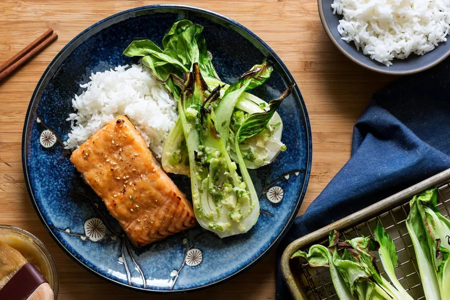 Miso-glazed roasted salmon and baby bok choy with jasmine rice