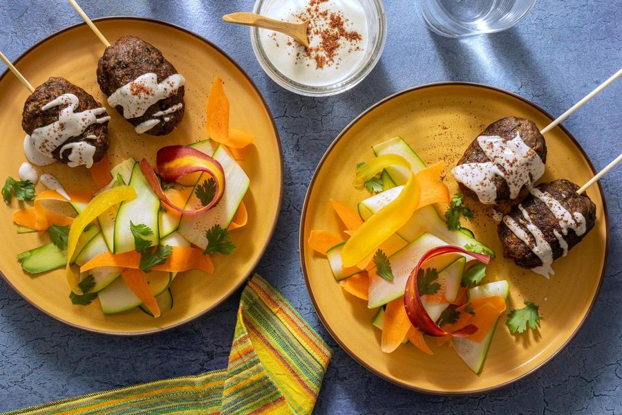 Mediterranean kebabs with carrot and squash ribbon salad