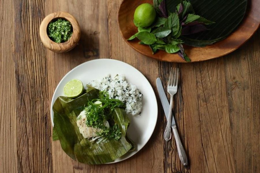 Banana leaf-wrapped cod with kaffir lime and shiso rice