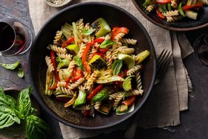 Fusilli with leeks, fennel, and roasted red pepper