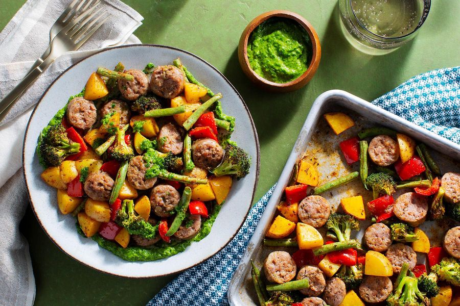 Sheet pan chicken sausages with potatoes, broccoli, and chimichurri
