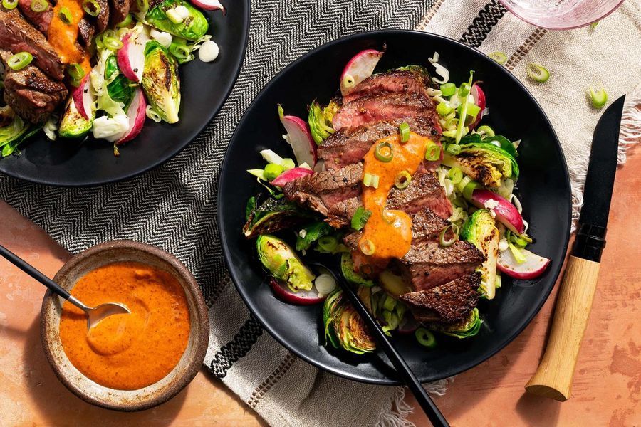 Black Angus steaks with Brussels sprouts and chipotle-mustard vinaigrette