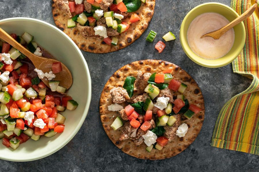 Lebanese “tacos” with your choice of protein and spicy tahini yogurt