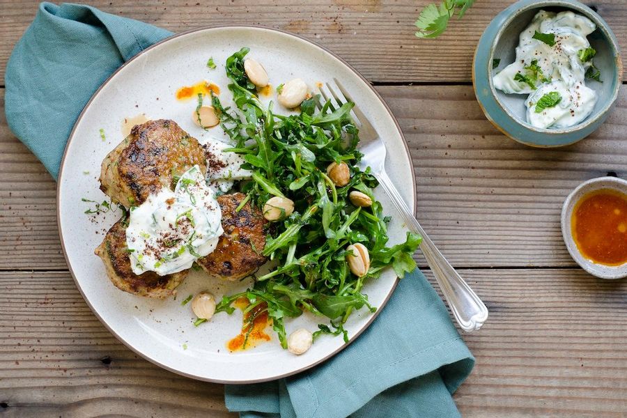 Tzatziki-topped turkey meatballs and arugula salad