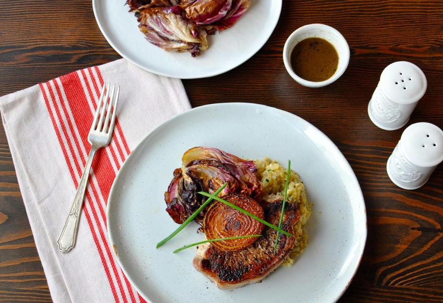 Grilled pork loin and radicchio with cauliflower mash