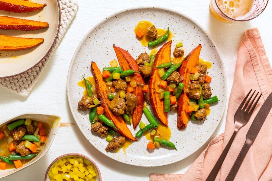 Sweet potato fries with ground beef and green bean gravy