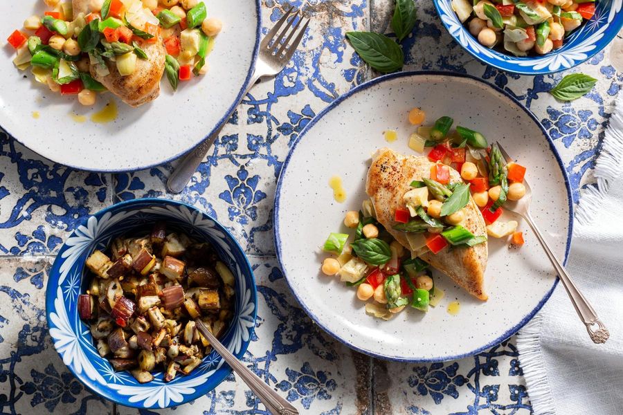 Mediterranean chicken with asparagus salsa and roasted eggplant