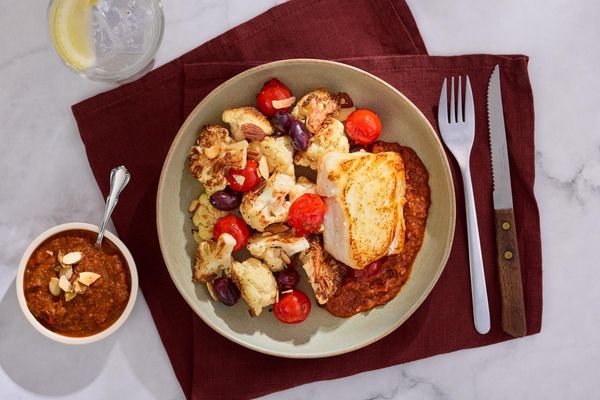Seared steaks with roasted red pepper ajvar and cauliflower