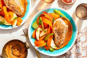 Chicken breasts and muhammara with apple-celery salad