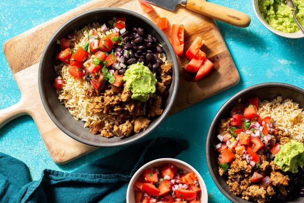 Turkey taco bowls with brown rice, black beans, and pico de gallo