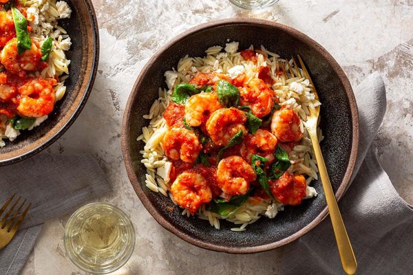 Spicy Greek shrimp with tomatoes, feta, and orzo