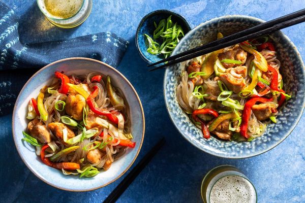 Korean chicken japchae with glass noodles and vegetables
