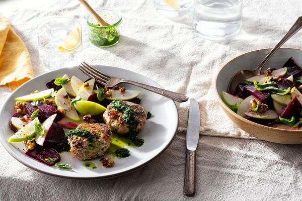 Seven-spiced turkey patties with beet salad and spicy green harissa